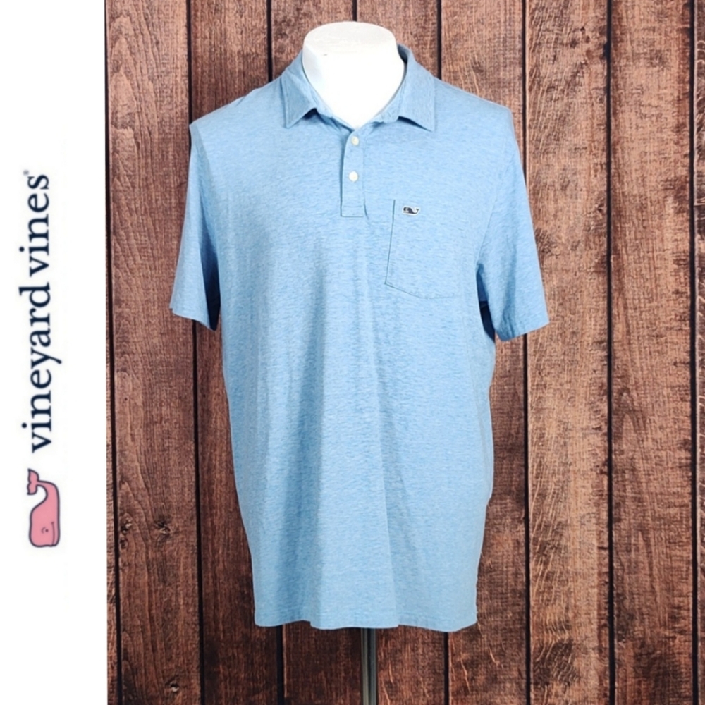 NWOT Mens Three Button Light Blue Stretch Pocket Polo